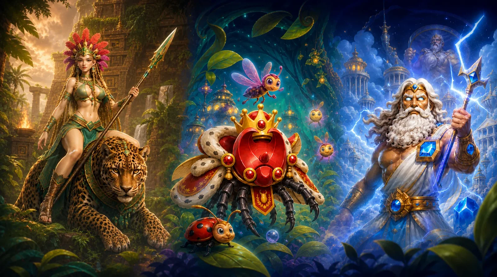PSG game-world characters: a jungle adventurer, fantasy insects and a thunder god